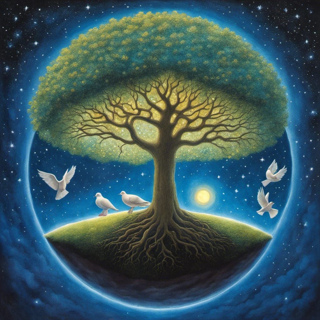 Tree of Life Inside Earth in Starry Cosmos