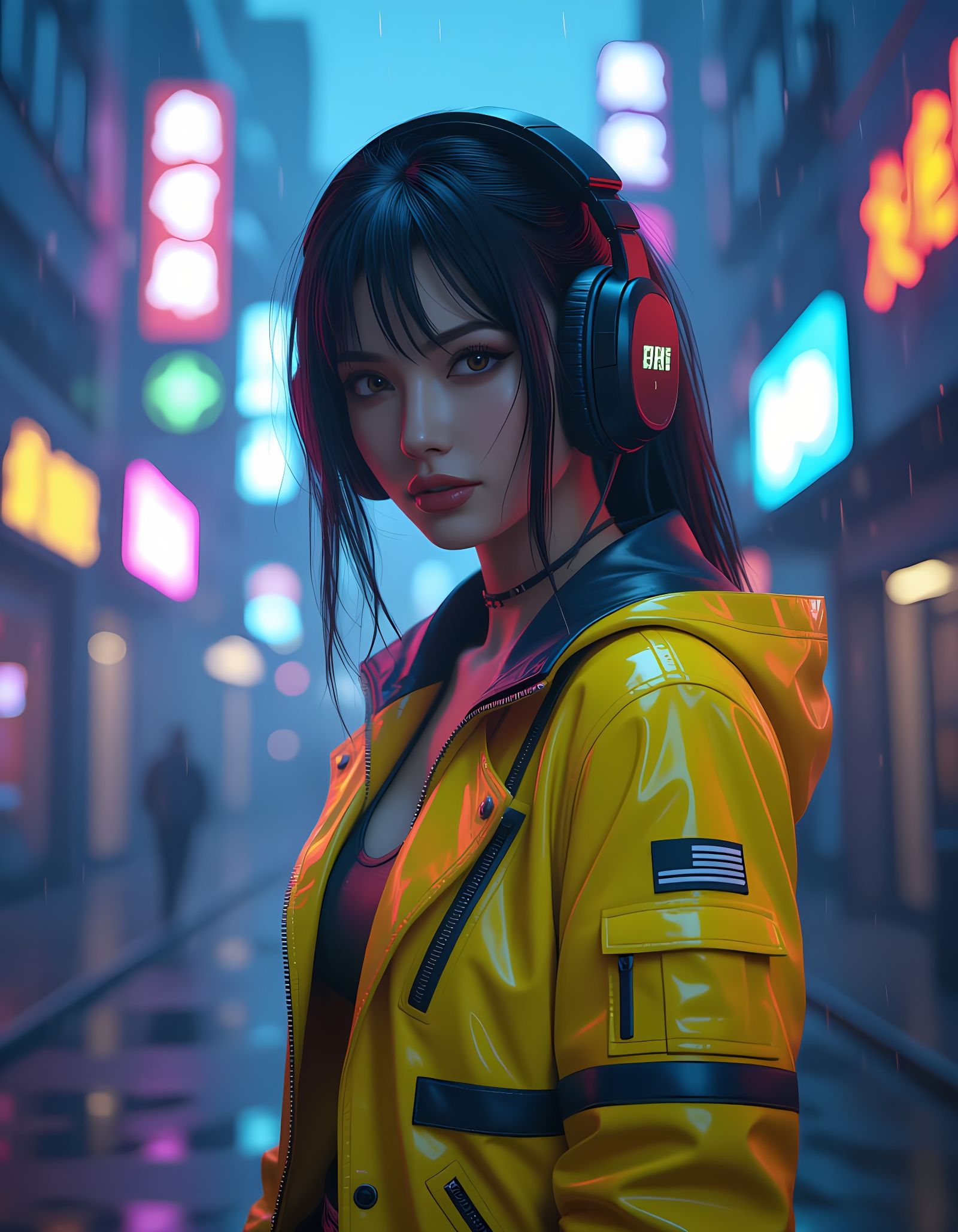 Cyberpunk Woman in Neon Lighting, Photorealistic Style
