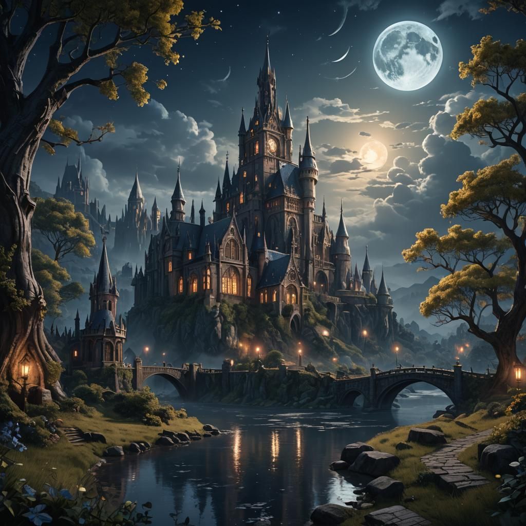 Gothic Moonlight Landscape in Detailed Matte Painting Style
