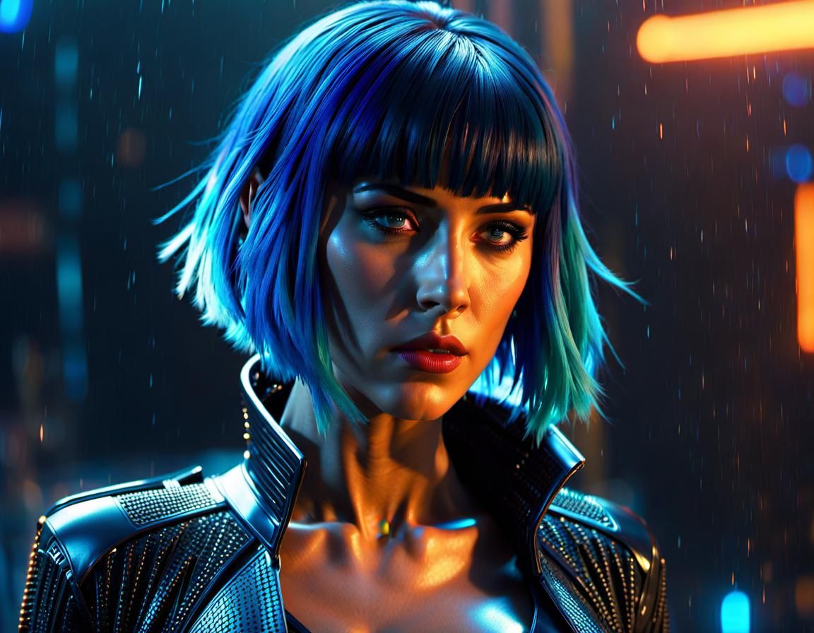 Blue-Haired Hologram in Cyberpunk Cityscape