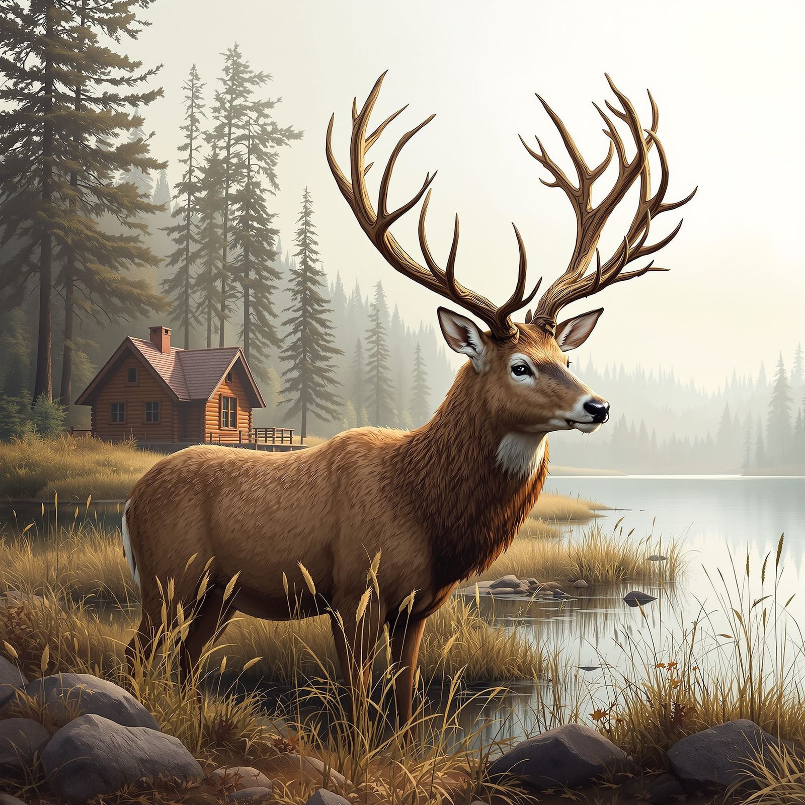 Majestic Deer Blended into Serene Lakeside Cabin Scene