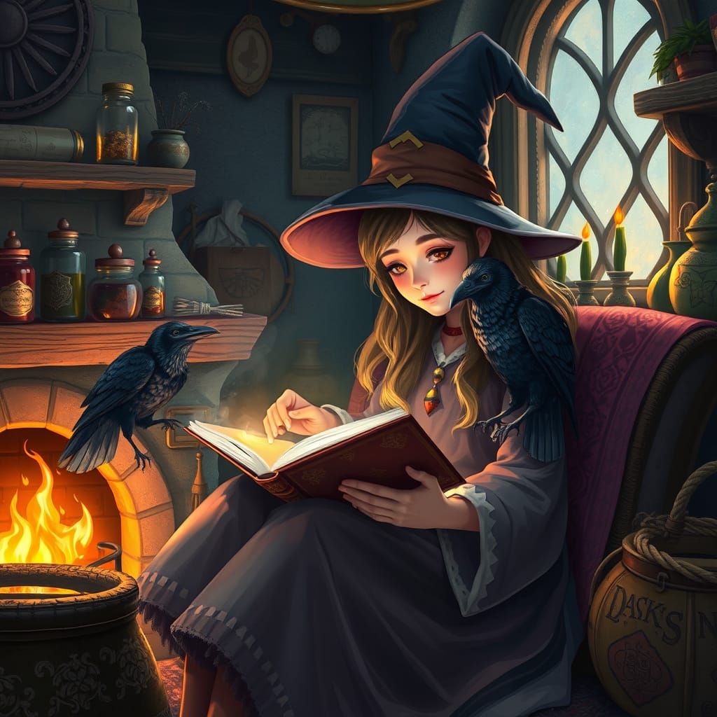 Cozy Witch Scene in Whimsical Storybook Style