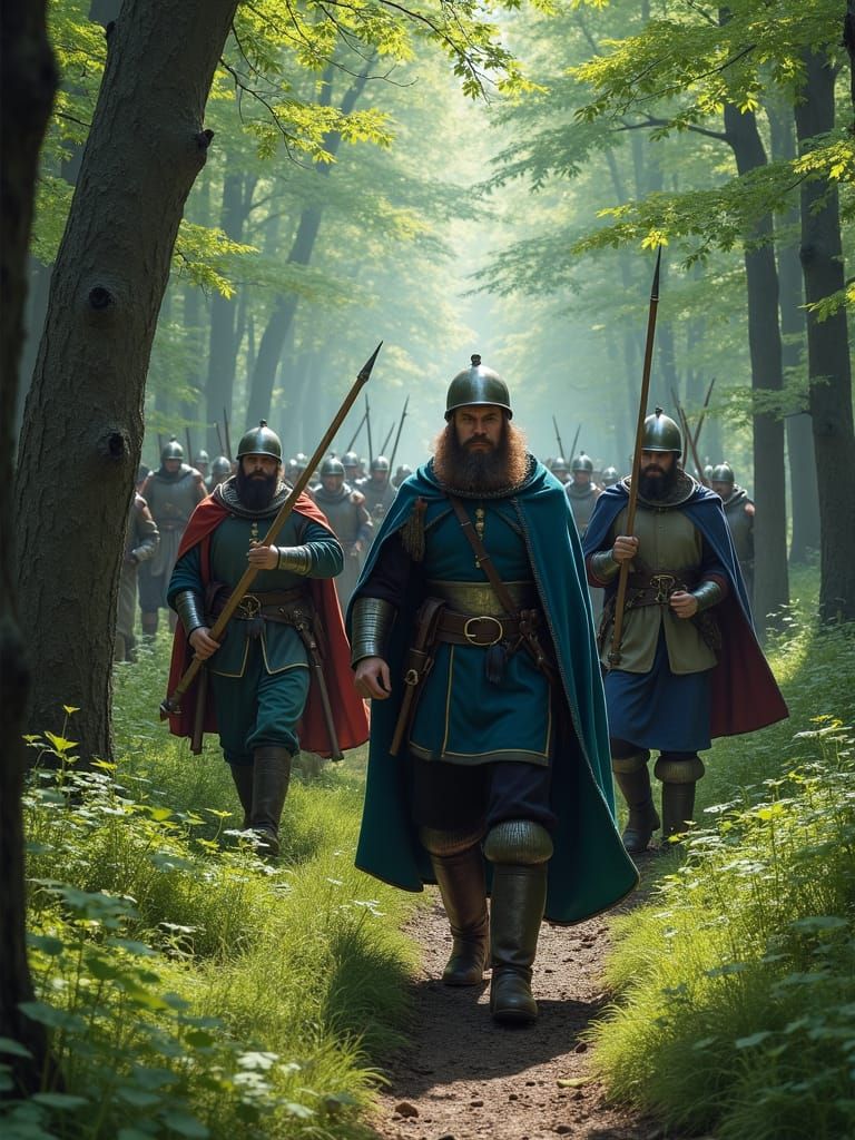 Medieval Warriors on the March Through a Verdant Forest