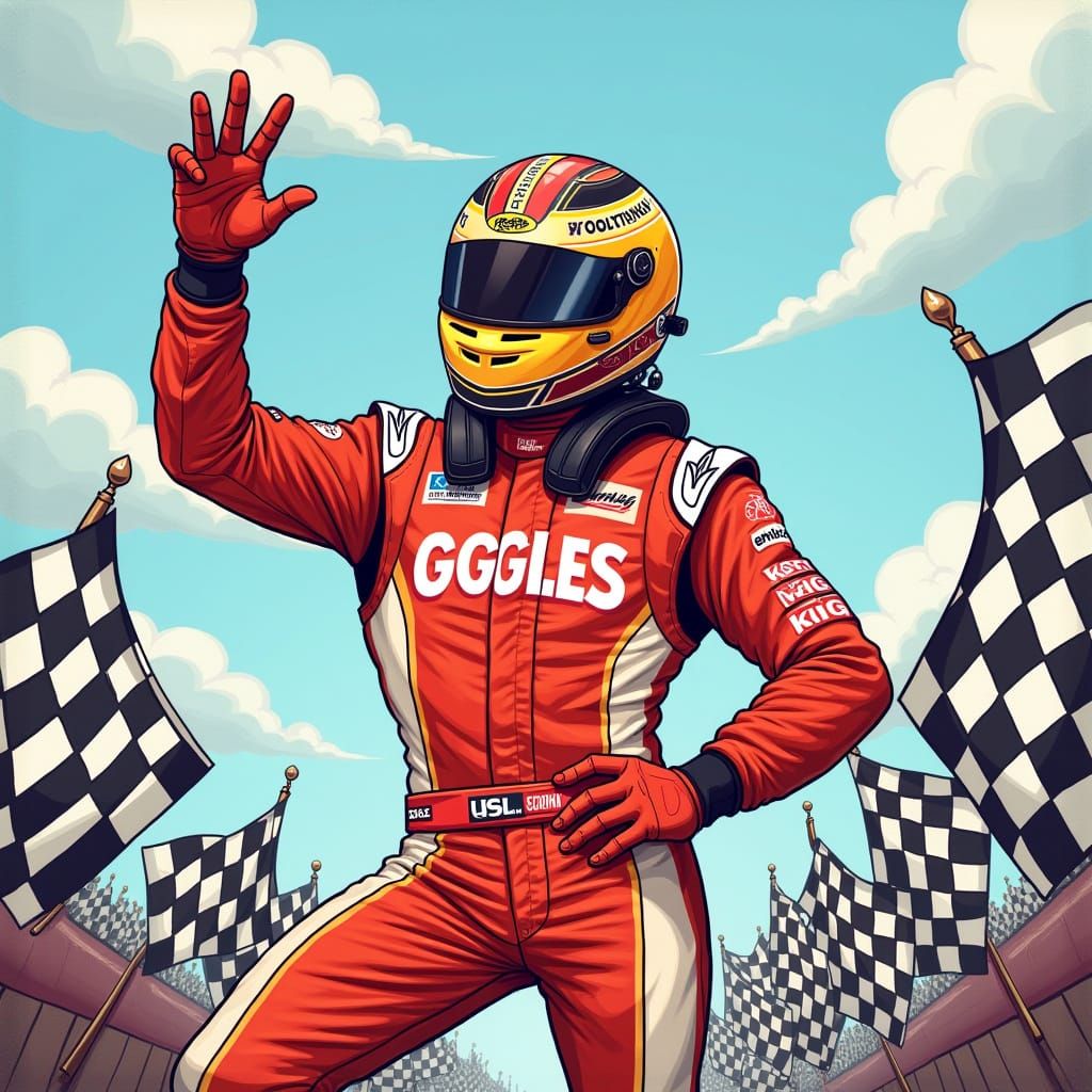 Confident Racing Champion in Vibrant Winner's Circle