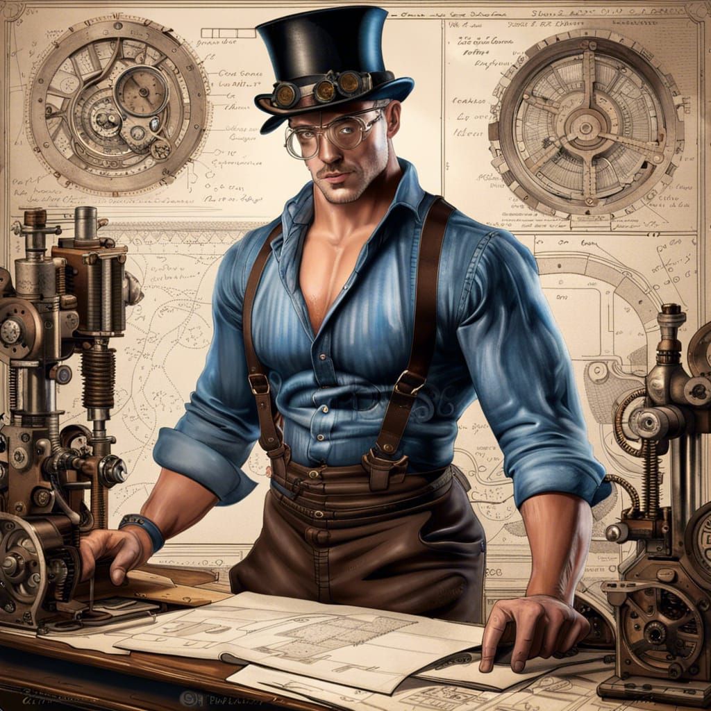 Steampunk Inventor Working on Machine with Schematics