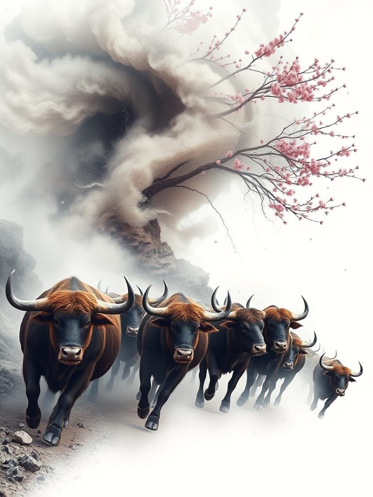 Wild Bulls Rush Down Mountain Amidst Cherry Blossom Tornado