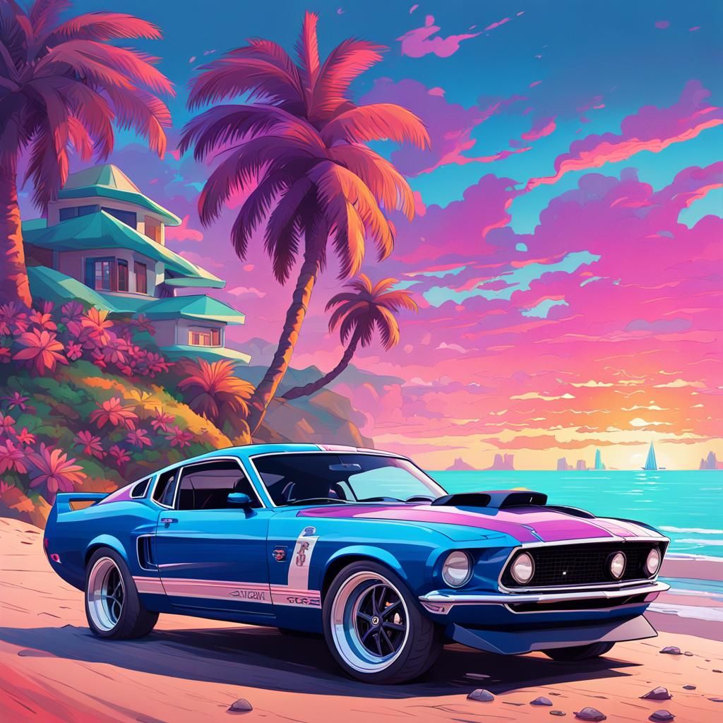 Blue Mustang and Ninja on Cliff at Sunrise