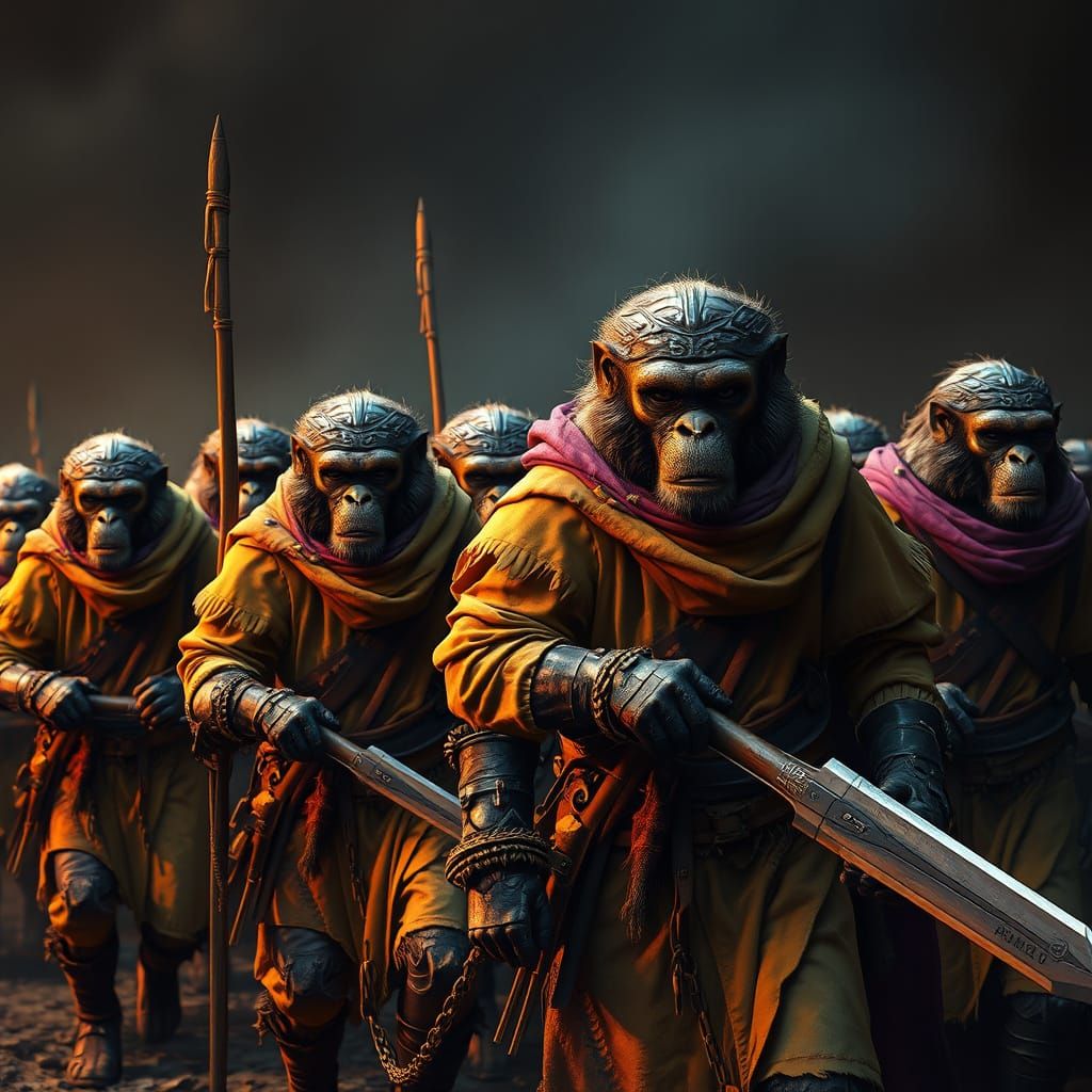 Ape-Dog Soldiers March in Ominous Landscape