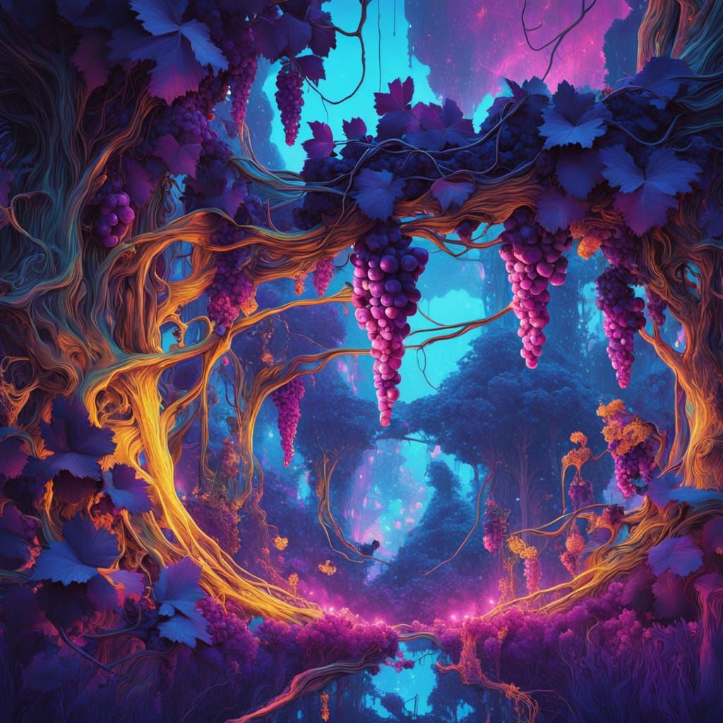 Grape Clusters Explode in Vibrant, Cosmic Biocrystalline Art