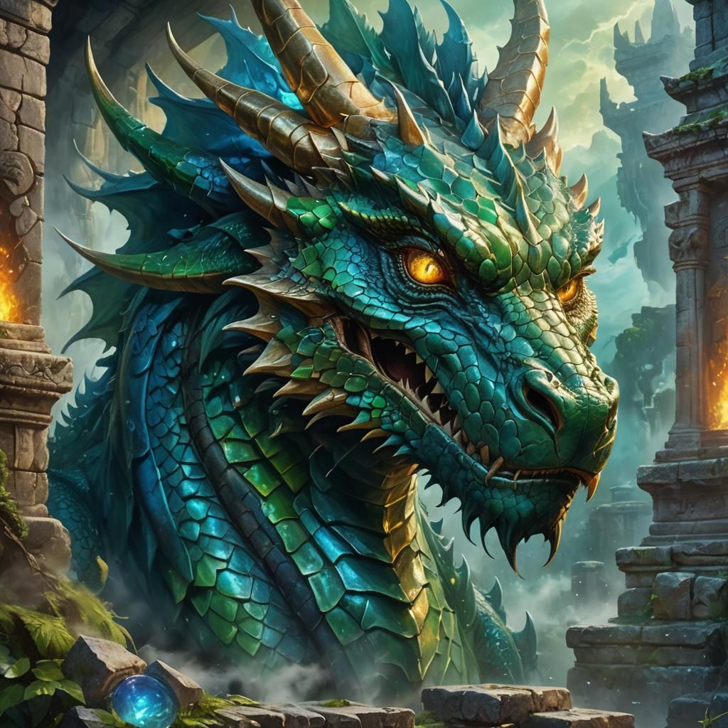 Mighty Dragon Face in Fantasy Landscape, Oil Painting