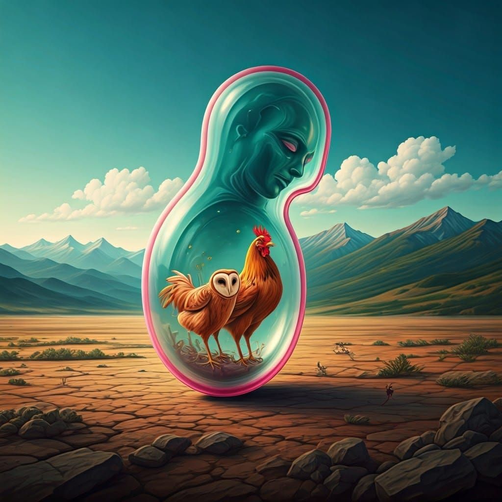 Surrealist Anaglyphic Deity Unfolds in Dreamlike Landscape