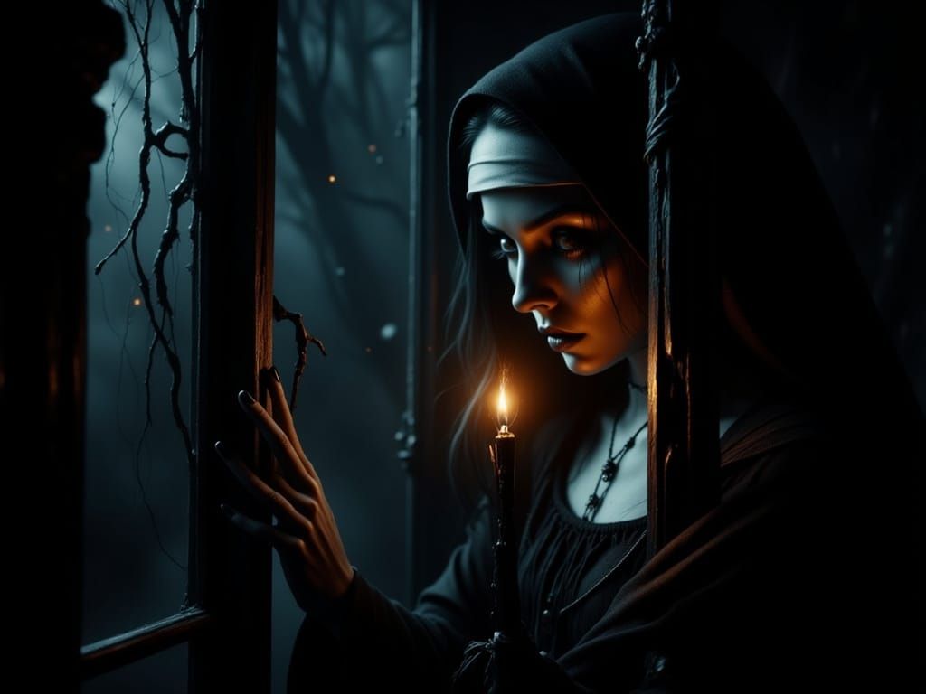 Sacripunk Nun Gazing Through Dark Window