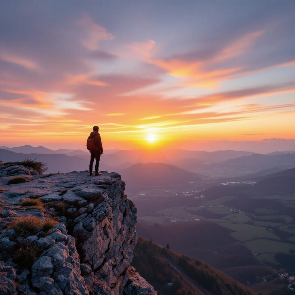 Figure Ascending Towards Vibrant Sunrise Over Cliff Edge