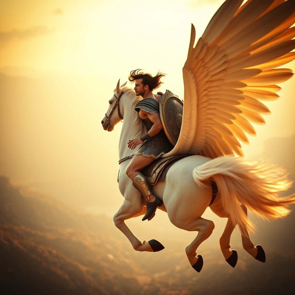 Ancient Greek Hero Perseus Rides Pegasus in a Golden Mediter...