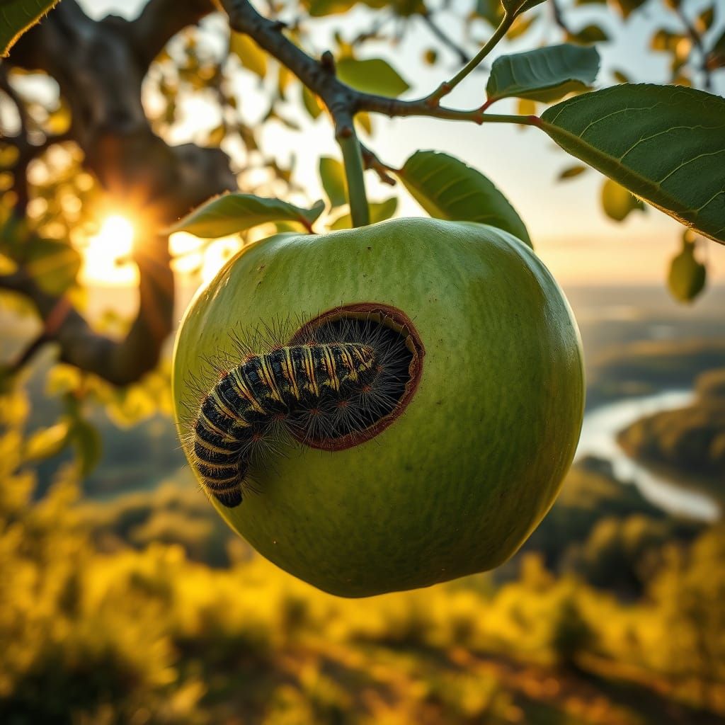 Extreme Closeup of Caterpillar Emerging from Apple