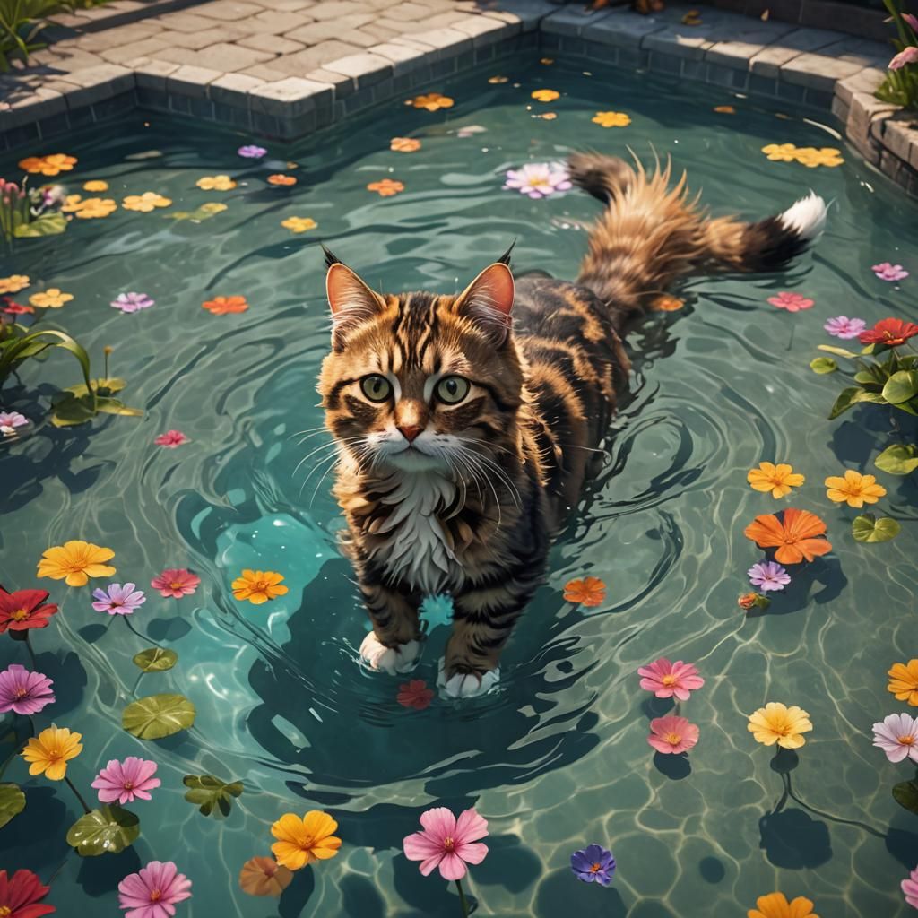 Cute Cat Swimming: Detailed Fantasy Art