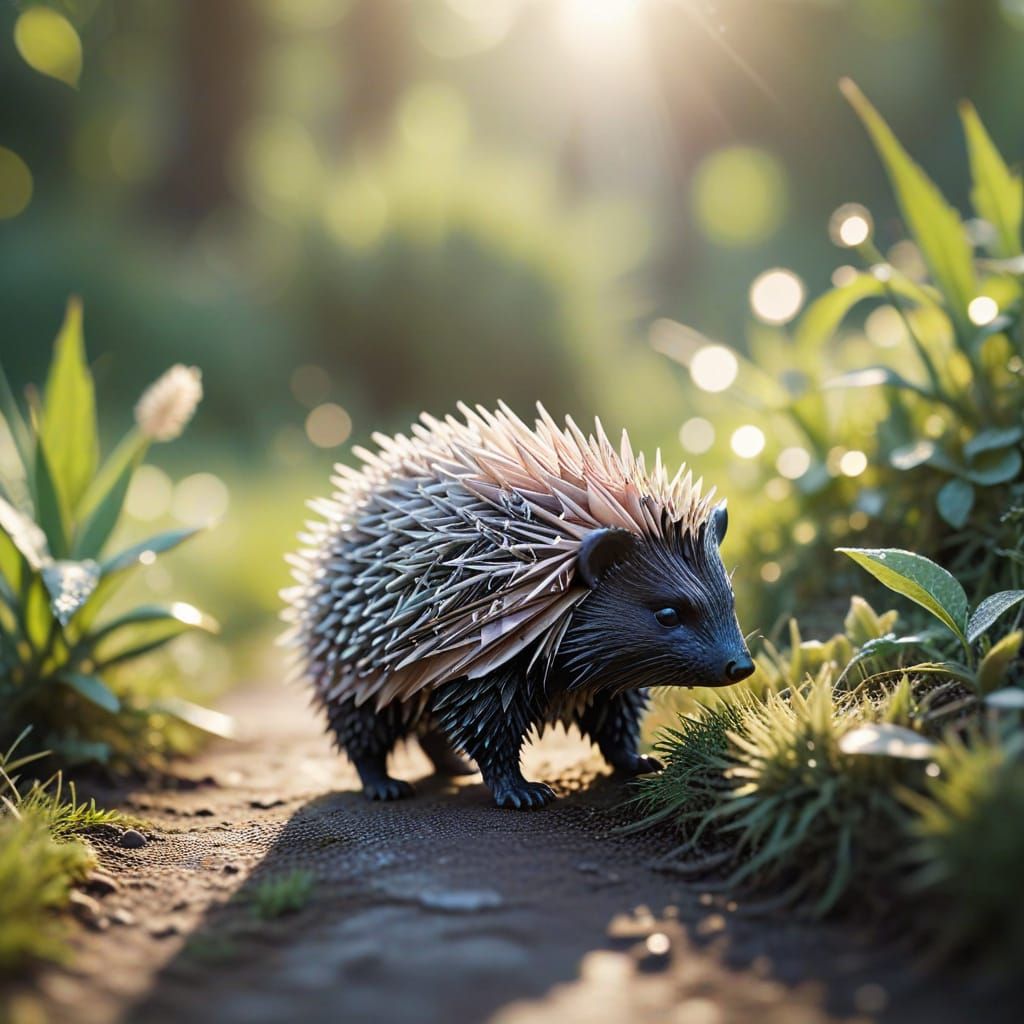 Porcupine on Path in Macro Papercraft Style