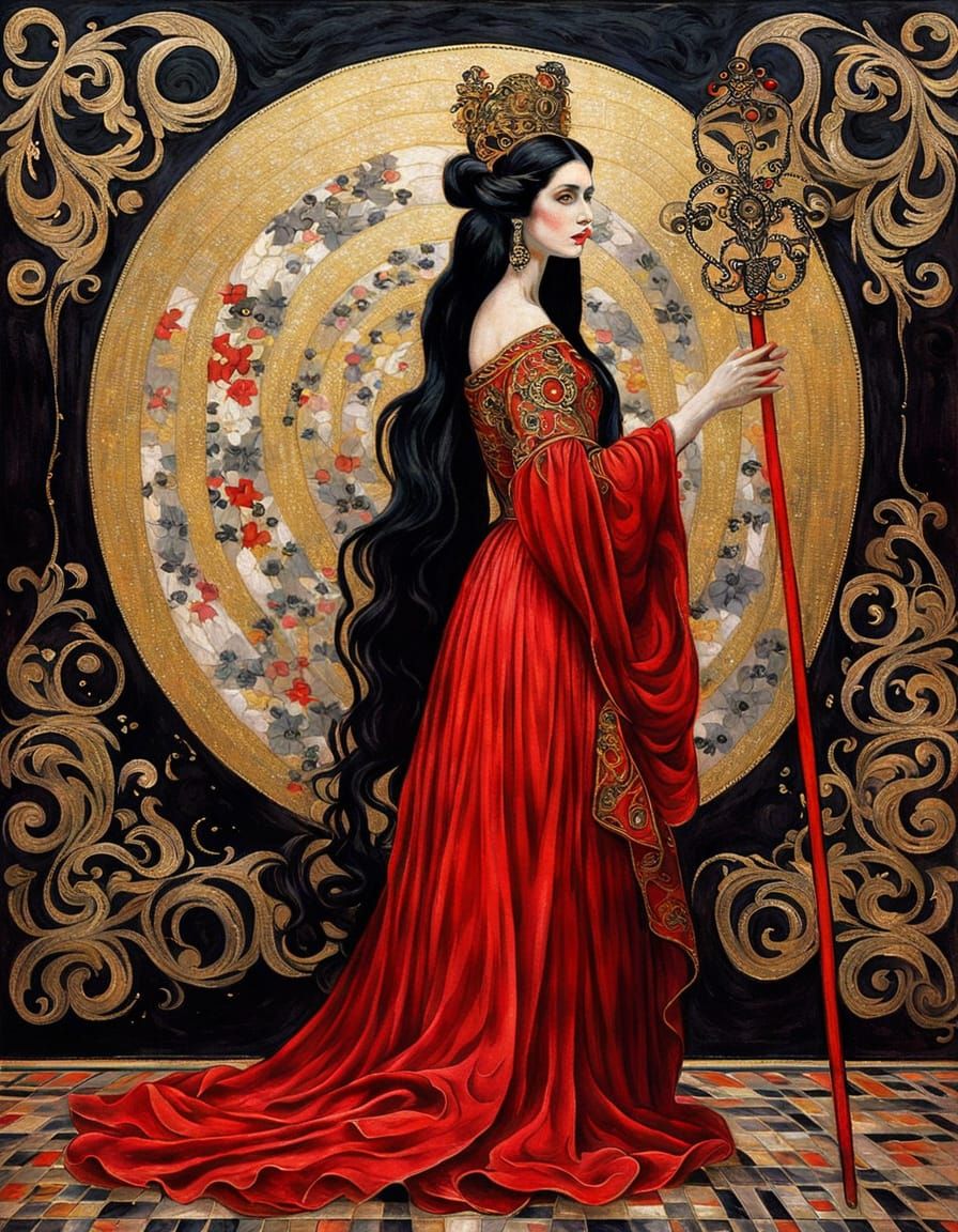 Mythological Goddess in Red Gown, Klimt-Inspired Impressioni...