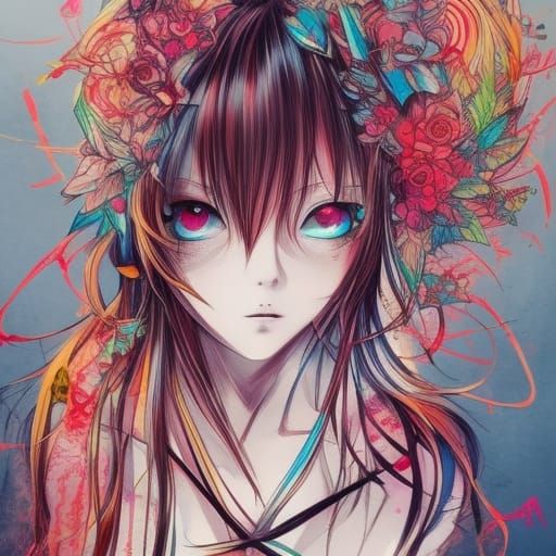 Anime-Style Portrait of Japanese Girl, Mixed Media Art