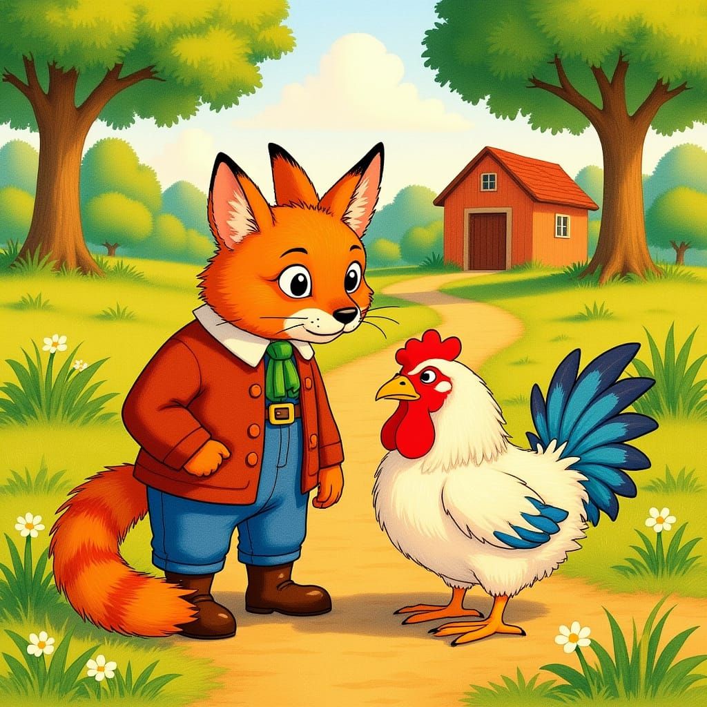 Curious Fox Eyes Chicken in Sunlit Farmyard