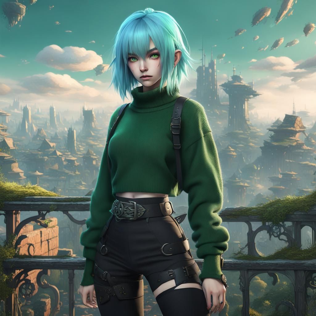 Anime Girl with Blue Hair, Digital Art