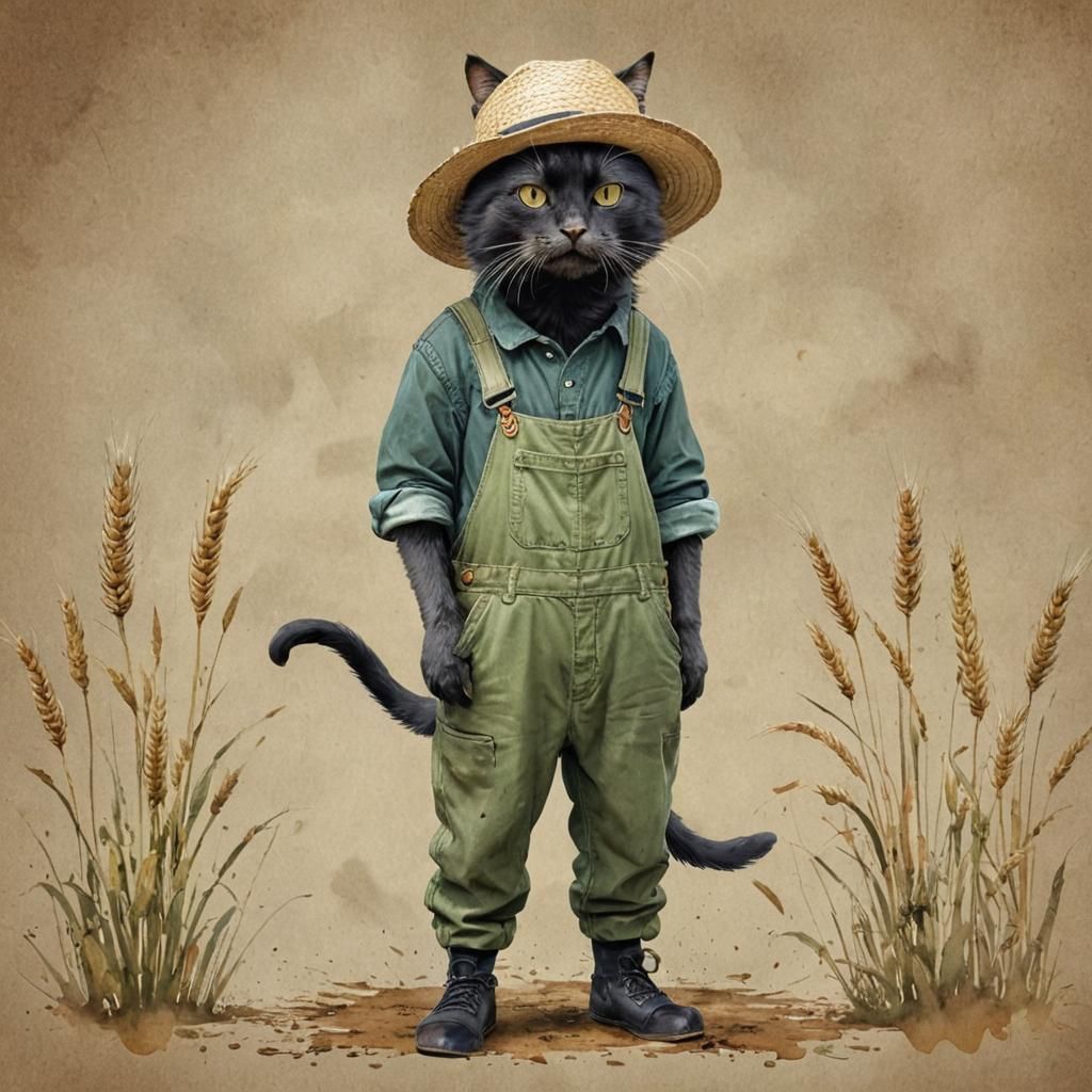 Black Cat Farmer in Watercolor Style
