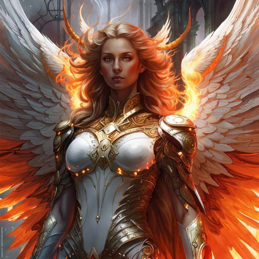 Detailed Angel with Wings and Flames Background