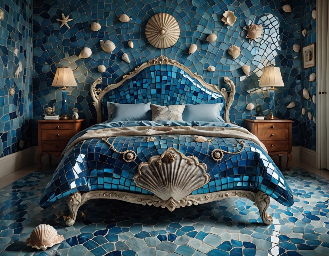 frutiger aero, italian whimsical bedroom, blue mosaic glass seashell bed frame