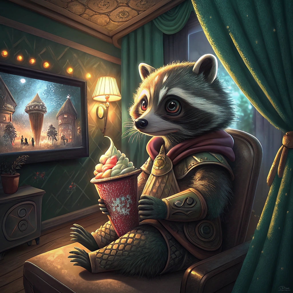 Robot Raccoon Watches Movie with Ice Cream