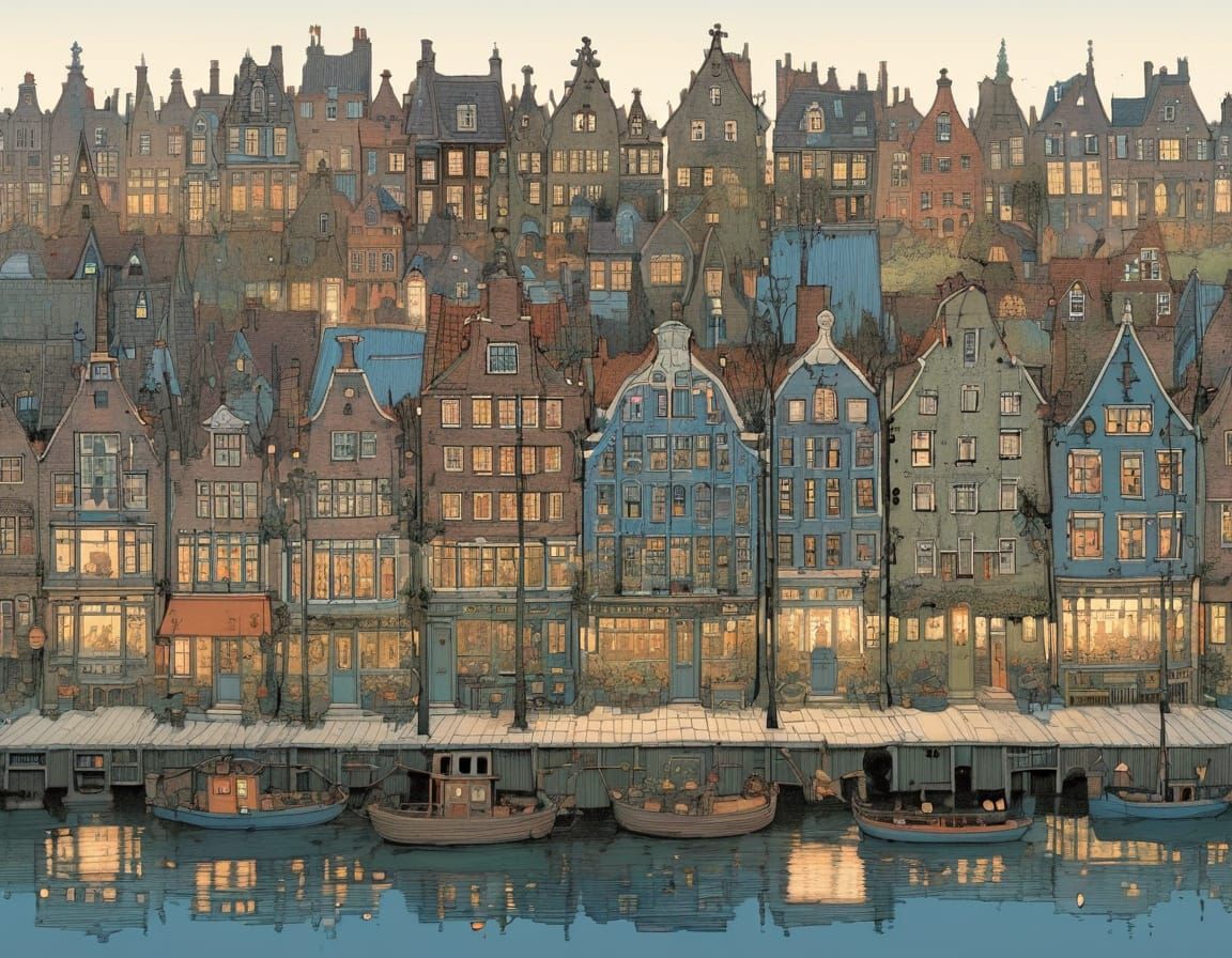 Cozy Row of Dutch Houses in Evening Light as Impasto Paintin...