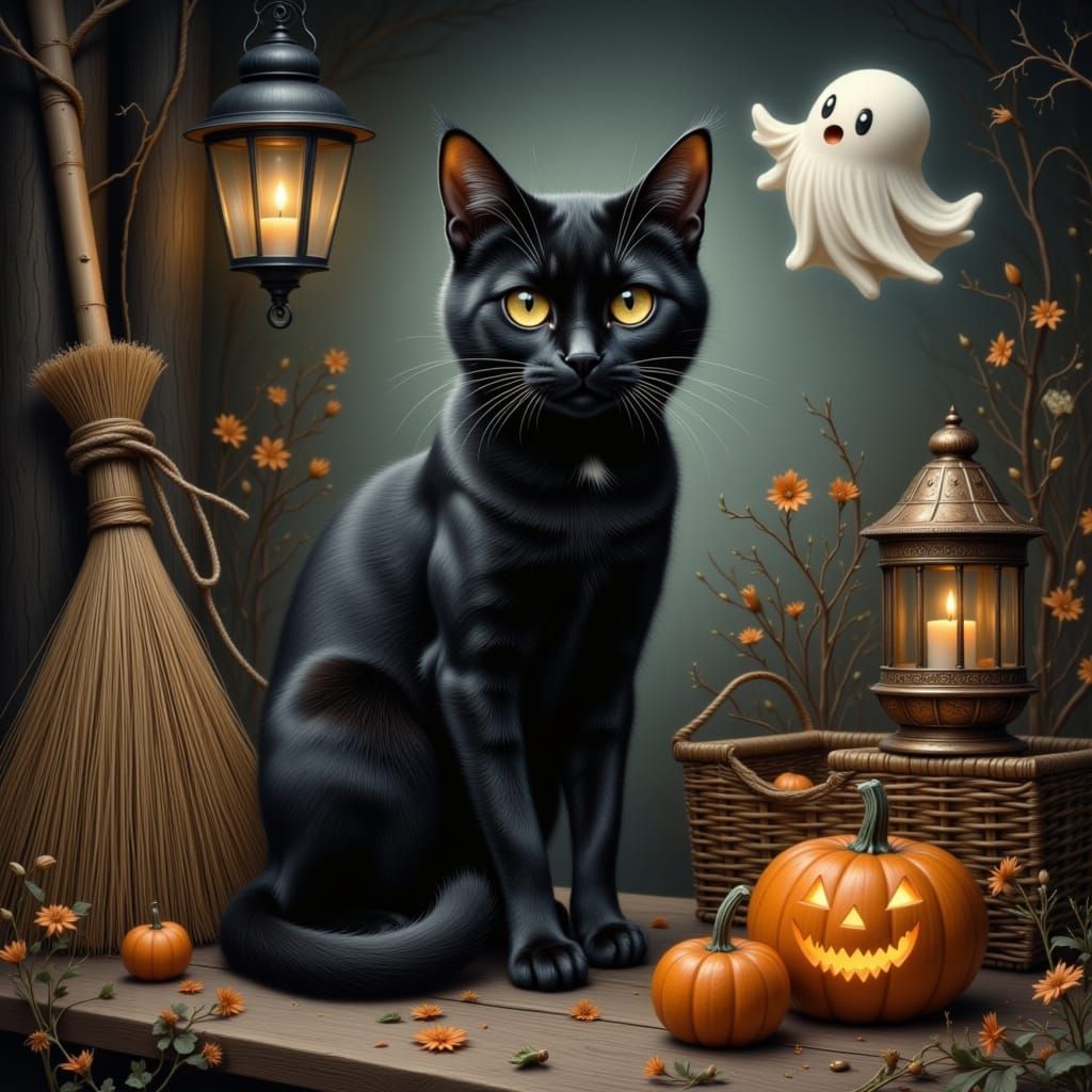 Halloween Still Life: Cat, Broom, Pumpkin with Ghost