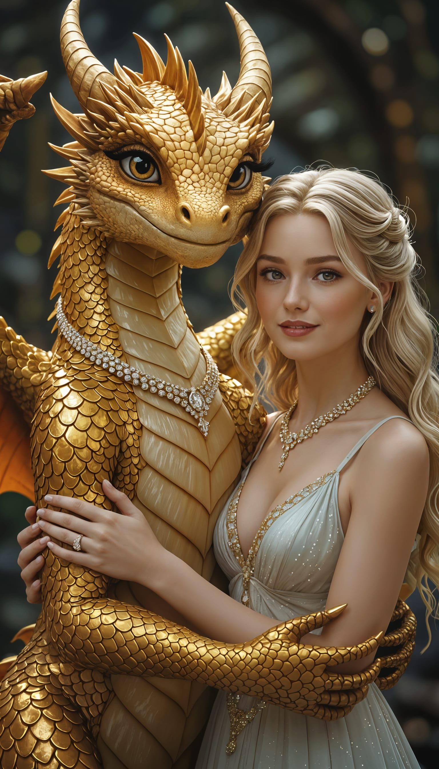 Happy Gold Dragon Hugs Woman in Stunning Digital Art