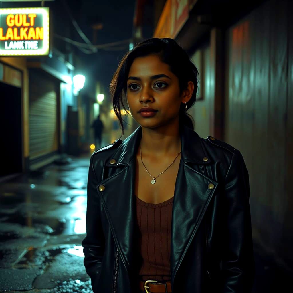 Lone Woman in Neon Alley Noir