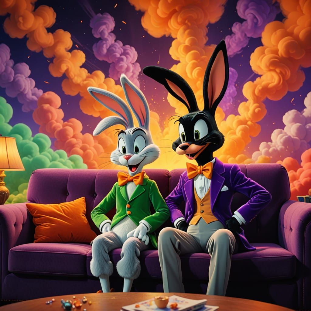 Vibrant Cartoon Masterpiece: Bugs and Daffy's Psychedelic Sm...