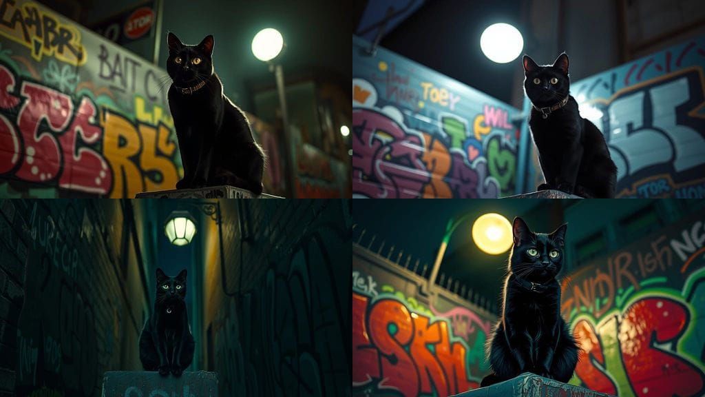 Black Cat on Graffiti Wall at Night in Hyperrealism