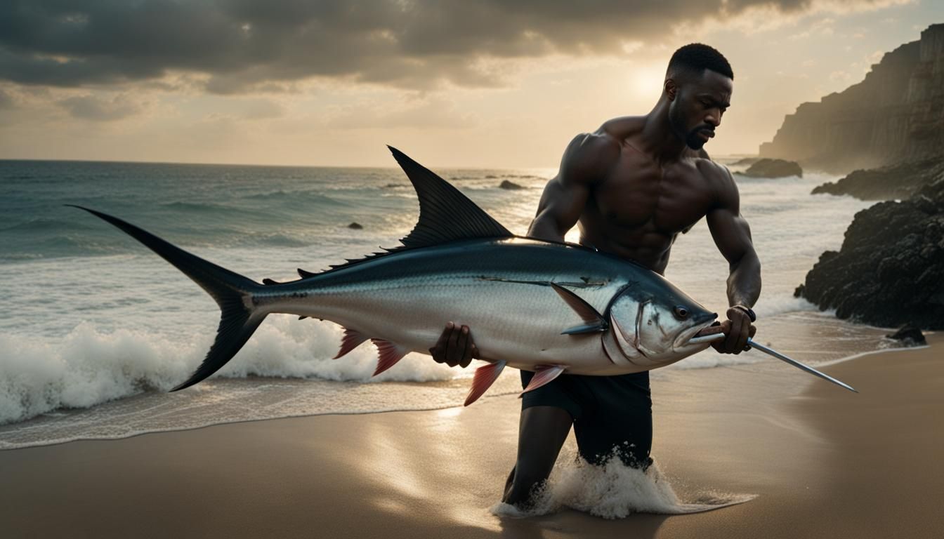 Epic Cinematic Image of Black Man Cutting Swordfish