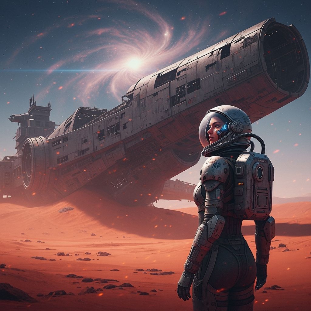 Astronaut on Alien Planet Gazing at Starship in Stålenhag St...