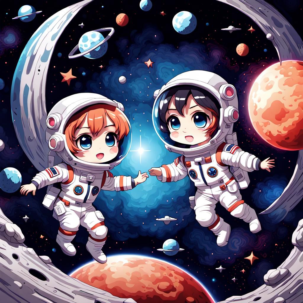 Anime Chibi Astronauts Dancing in Space