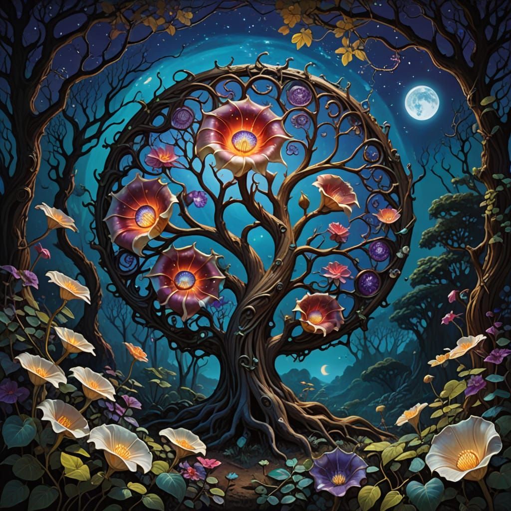 Dreamlike Fantasy Art of Blood Moon in Lush Forest at Night