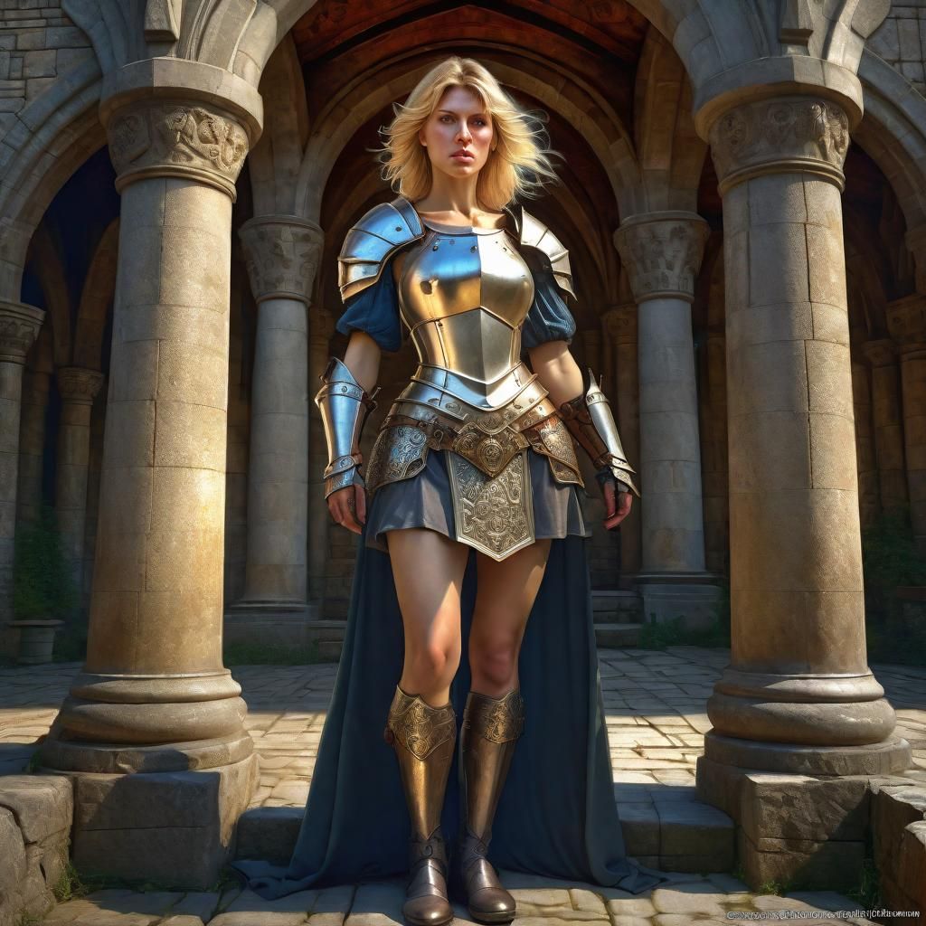 Armored Woman in Medieval Temple, Photorealistic Art