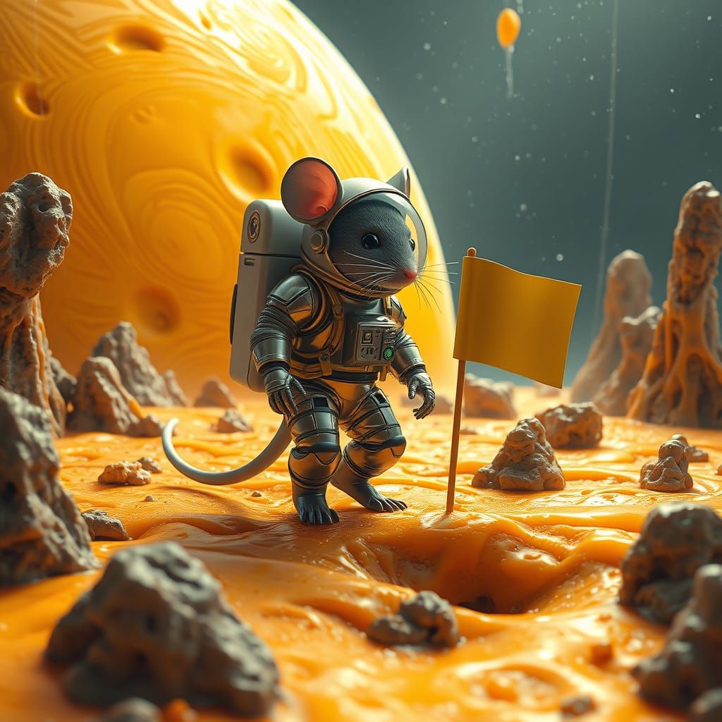 Mouse Astronaut on Planet Cheese in Sci-Fi Style