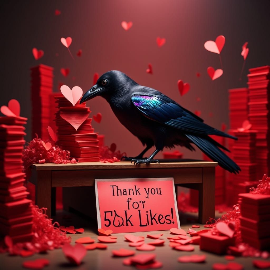 Raven Stacks Hearts on Desk: "Thank You for 50k Likes!"