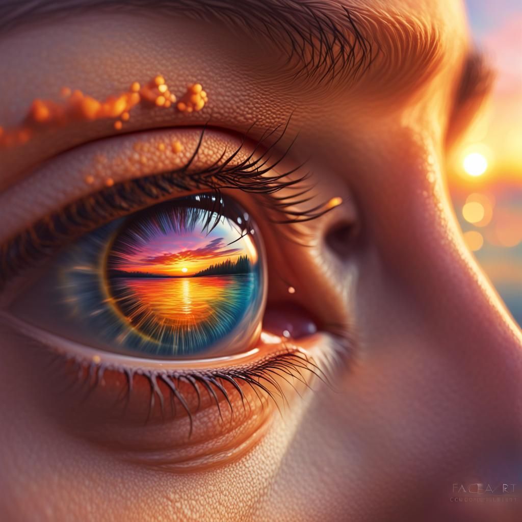 Hyperrealistic Eye Reflecting a Colorful Sunset