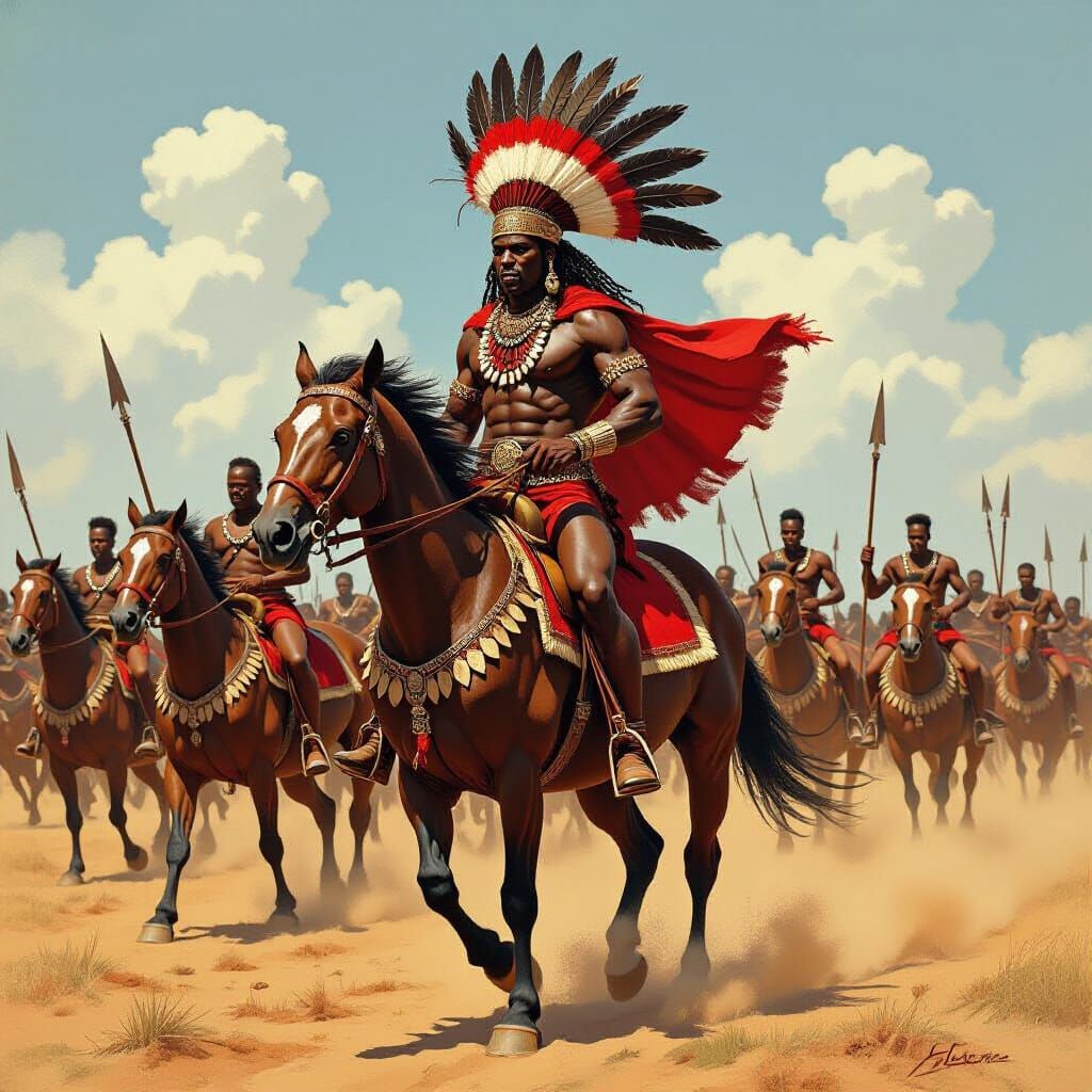 African Warlord Leading Cavalry Charge in Frazetta Style