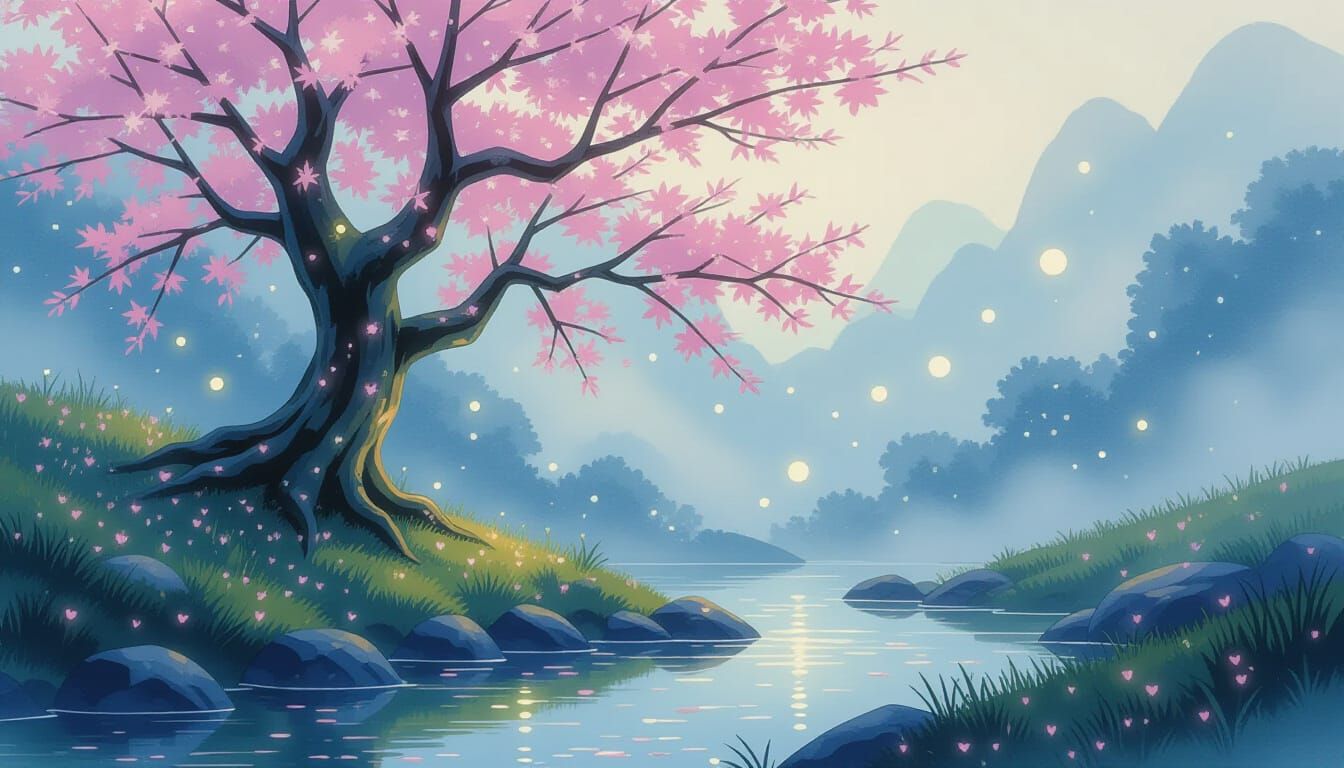 Serene Ancient Blossom Tree in Dreamy Watercolor Style