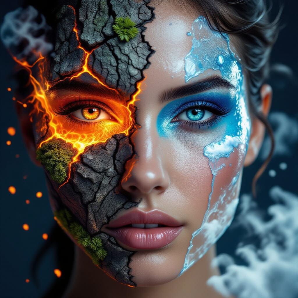 Woman's Face Divided Into Four Elemental Quadrants