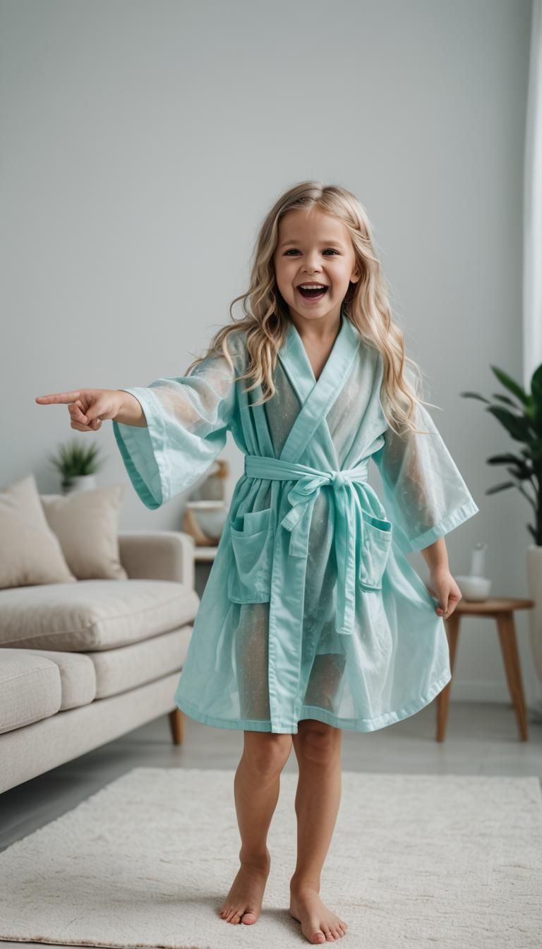 Laughing Blonde Girl in Aqua Robe Points