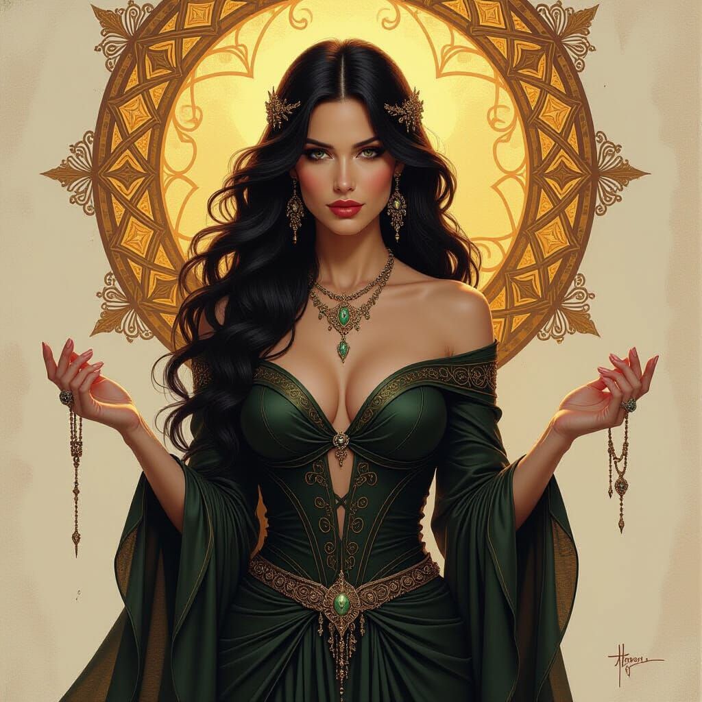 Mysterious Lilith in Flowing Attire: Realistic Oil Painting