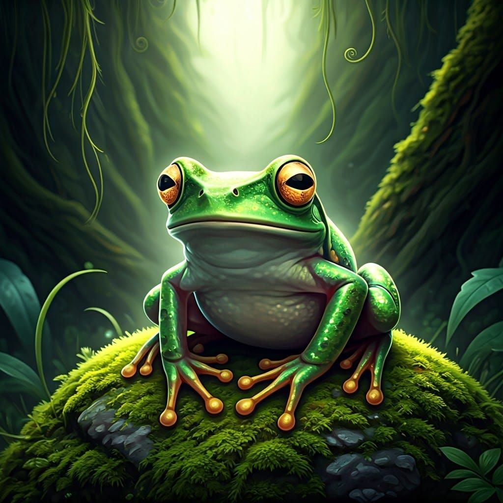 Emerald Frog on Mossy Stone: Fantasy Concept Art