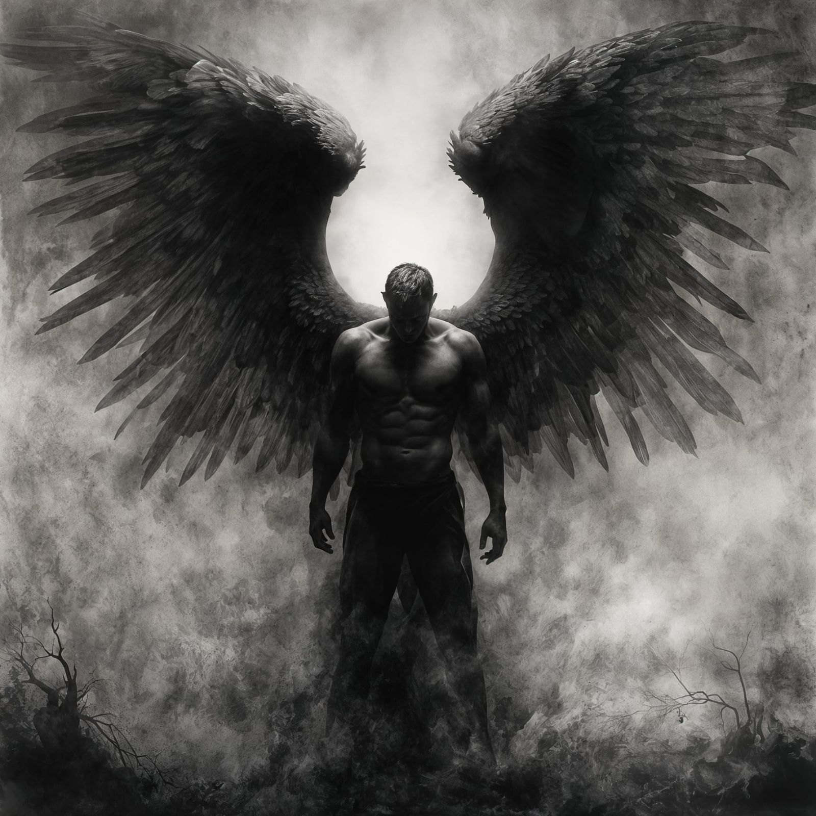 Mysterious Dark Angel Silhouette in Black and White